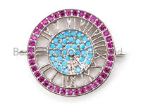CZ Micro Pave Watch Turquoise Fuchsia Round Connector, Gold/Rose Gold/Gunmetal/Silver Tone, 17x22mm, 1pc, sku#E304
