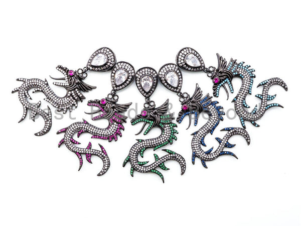 CZ Micro Pave Dragon Pendant, Cubic Zirconia Pendant, Turquoise/Silver/Fuchsia/Violet/Cobalt, 37x70mm, SKU#F318