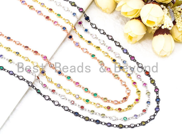 1 Foot/Yard-Multi Colored CZ Beaded Chain-4mm Cubic Zirconia Beads-Gold Silver Rose Gold Gunmetal Plated over Brass-Bezel Chain, sku#E347