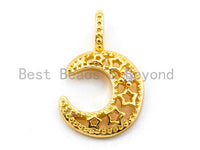 CZ Clear Micro Pave Moon Pendant/Charm With Hollowed-out Stars, Cubic Zirconia Pendant, 11x17mm,sku#Y13