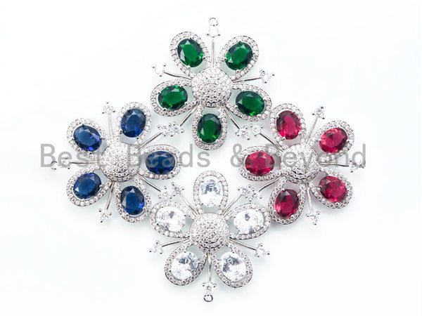 45mm CZ Pave Focal Flower with Colored Gemstone, Silver Rhodium Flower, Ruby/Emerald pendant, vintage artisan Jewerly findings, sku#L146