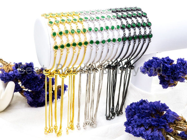 Adjustable Chain Bracelet, 6mm Green Jade beaded bracelet, thin link bracelet, evil eye bracelet, Silver Gold Gunmetal bracelet, SKU#A49