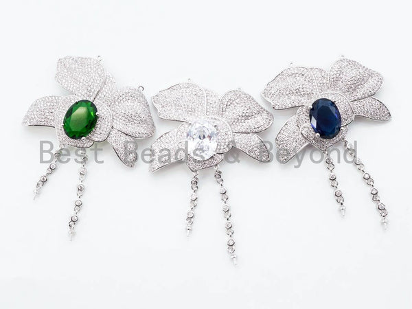 CZ Micro Pave Floral Tassel Head with Silver/Green/Cobalt Gemstone, Pendant/Link Connector, 73x48mm, SKU#L213