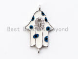 CZ Micro Pave Hamsa Hand Connector with Blue Evil Eyes, 22x13mm, SKU#E242