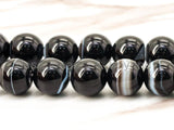 Natural Black Banded Agate Beads, Round Smooth black white Agate Beads, 8mm/10mm/12mm, 15.5" Full Strand, SKU#Q6