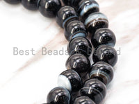 Natural Black Banded Agate Beads, Round Smooth black white Agate Beads, 8mm/10mm/12mm, 15.5" Full Strand, SKU#Q6