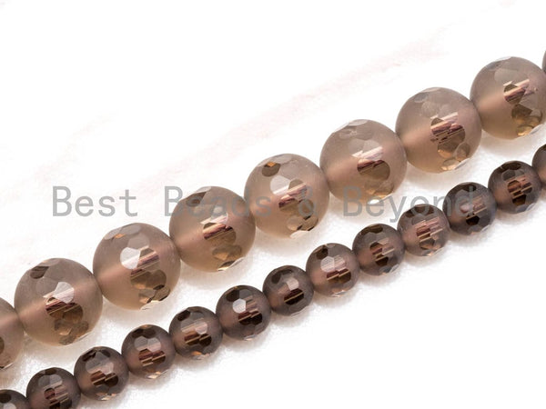 High Quality Natural Matte Smoky Quartz Round Smooth Middle Faceted beads, 6mm/8mm/10mm/12mm, Brown Gemstone Beads, 15.5inch strand, SKU#V5