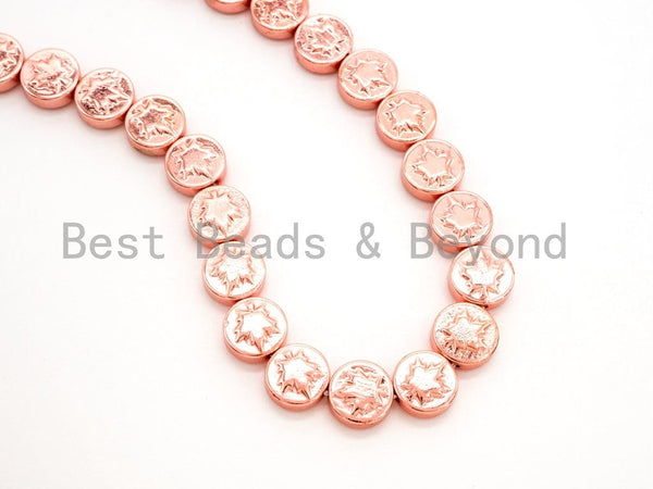 15.5inch full strand, Rose Gold 10mm Round Flat Coin Hematite Gemstone Beads Maple Leaf associated, Bright Rose Gold Metallic Beads,SKU#S67