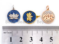 Cobalt CZ Micro Pave Lotus Flower on Disc Round Charm/Pendant, Cobalt CZ in Gold Rose, Black Gold, Silver Finish, Lotus Charm 16mm, sku#Y24 BestbeadsbeyondUS