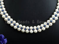White Pearl Blue Royal Cubic Zirconia Necklace Bracelet Set,Wedding Pearl Jewelry,Double Strand Pearl Bridal Cuff Bracelet, SKU#P18