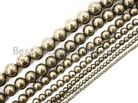 Quality Natural Pyrite beads, 2mm/3mm/4mm/6mm/8mm/10mm/12mm/14mm pyrite ball beads,Round Smooth Gemstone Beads, 15inch strand, SKU#W1