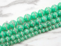 12mm Chrysoprase Jade inlaid with rhinestone,Green Color Beads, Smooth Jade Round Beads, SKU#X1