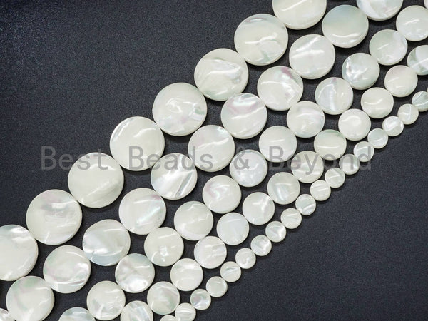 High Quality White Mother of Pearl, Mop Shell, Flat Round White Shell,Coin Smooth Beads,6mm/10mm/12mm/15mm/18mm/20mm, 15inch strand,SKU#T7