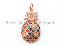CZ Micro Pave Mixed Color Pineapple Pendant, Colored CZ Pave in Gold/Silver/Rose Gold/Black Finish Charm, 24x13mm, SKU#F177
