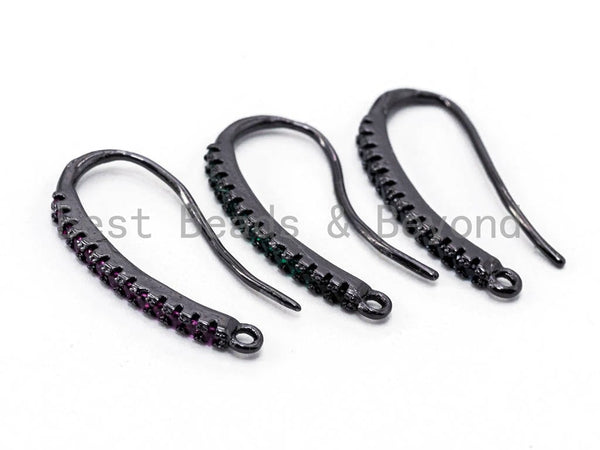 1pair,CZ Micro Pave Earring Wires Hooks, Black/Cobalt/Green/Fuchsia/Violet Cubic Zirconia,Black Rhodium Plated, 19x10mm, sku#J22