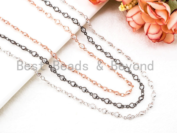 1 Foot/Yard-Clear CZ Pave Heart Shaped Beaded Chain-4mm Cubic Zirconia Beads-Silver Rose Gold Gunmetal-Bezel Rosary Chain, sku#E349