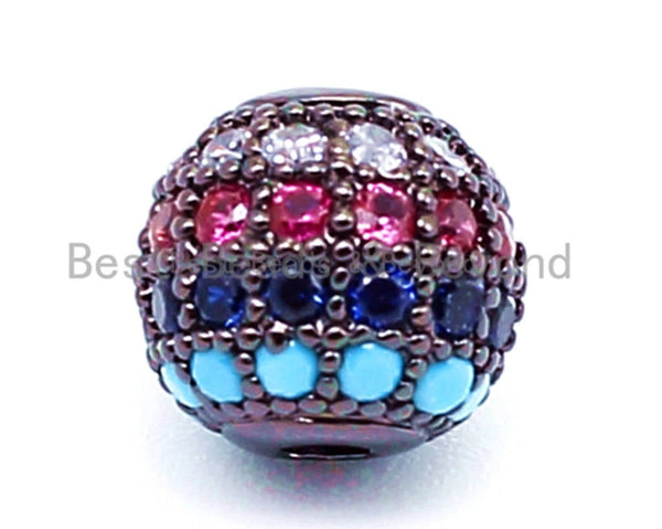 6mm/8mm/10mm CZ Pave Multi Colored Ball Space Beads, Rainbow Round CZ Beads with Black, Gold, Silver Finish, Bracelet Beads Charms, Sku#G308R
