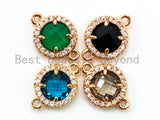 Round Bezel Connector with Faceted Glass, Gold Plated CZ Micro Pave Frame Connector,Green/Blue/Black/Smoke Crystal, 9x13mm, sku#A72