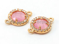 Round Bezel Connector with Faceted Cat's Eye Stone, Gold Plated CZ Micro Pave Frame Connector, Peach/Blue/Pink/White/Topaz, 9x13mm,sku#A73
