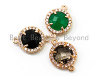 Round Faceted Glass Bezel connector with CZ Mciro pave Frame, Green/Black/Smoke, Cubic Zirconia CZ Connector Link,12x15mm, sku#A74
