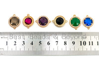 Round Bezel Cnnector with Faceted Glass, Gold Plated CZ Micro Pave Frame Connector, Green/Cobalt/Purple/Black/Smoke/Red, 14x19mm, sku#A76