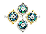 CZ Micro Pave Round Evil Eye Connector with Abalone Shell, Cubic Zirconia Space Connector, CZ Abalone Stone Charm 13x17mm, 1pc,SKU#Z30