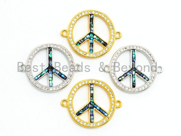 CZ Micro Pave Abalone Peace Sign Connector, 24K Gold Silver Plated, Cubic Zirconia Spacer Connector,Pave Findings, 18x23mm, sku#Z32
