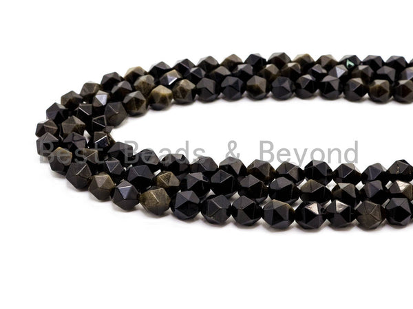Unique Cut Quality Natural Golden Obsidian beads, 6mm/8mm/10mm/12mm, Diamond Cut Faceted Round Gemstone Beads, 15inch strand, SKU#U40