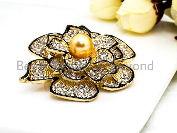 CZ Micro Pave Gold Tone Rose Flower Brooch Pin with 10mm Round Shell Pearl,Pave Flower Penant Brooch Pin, 46x57mm, Sku#P29