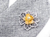 CZ Micro Pave Silver Gold Two Tone Flower Brooch/Pin with 10mm Shell Pearl, CZ Pave Flower Brooch Pin Jewelry, 45x49mm, Sku#P31