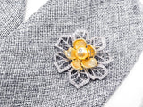 CZ Micro Pave Silver Gold Two Tone Flower Brooch/Pin with 10mm Shell Pearl, CZ Pave Flower Brooch Pin Jewelry, 45x49mm, Sku#P31