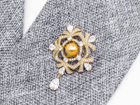 CZ Micro Pave Gold Tone Flower Pendant Brooch with 10mm Round Shell Pearl, Pave Flower Brooch Pin Jewelry, 38x41mm, Sku#P34