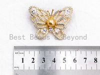 CZ Micro Pave Butterfly Brooch with 8mm Round Shell Pearl ,Gold plated, Pave Butterfly Pin Pendant Jewelry, 46x57mm, Sku#P36