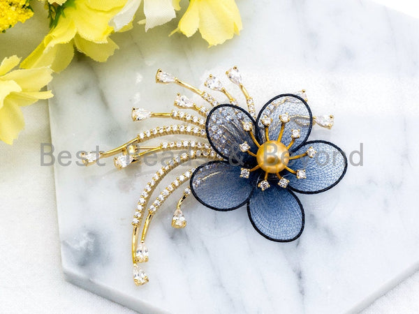 CZ Micro Pave Blue Silk Flower Brooch with 8mm Round Shell Pearl, Gold Tone Pave Flower Brooch Pin, Silver Flower Jewelry 52x64mm, Sku#P39