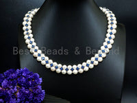 White Pearl Blue Royal Cubic Zirconia Necklace Bracelet Set,Wedding Pearl Jewelry,Double Strand Pearl Bridal Cuff Bracelet, SKU#P18