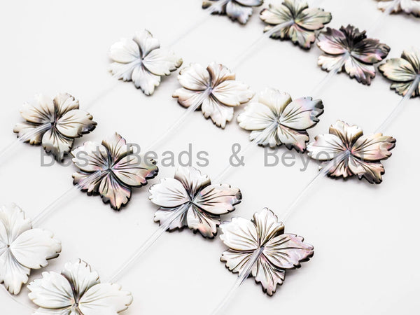 1/10pcs Natural Mother of Pearl beads, 25-30mm White and Black Carved Pearl Flower Leaf strand, Shell Beads, SKU#T104