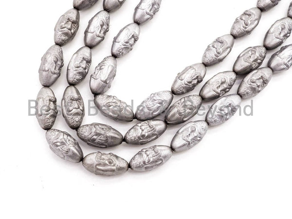 Natural Hematite Matt Silver Long Oval Beads, Old Man Head Carved, Oval Metallic Gemstone Beads, 8'' Full Strand, Sku#W52