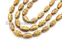 Natural Hematite Matt Gold Long Oval Shaped Beads, Old Man Head Carved, Metallic Gold Gemstone Beads, 8x16mm,8'' Full Strand, Sku#W54