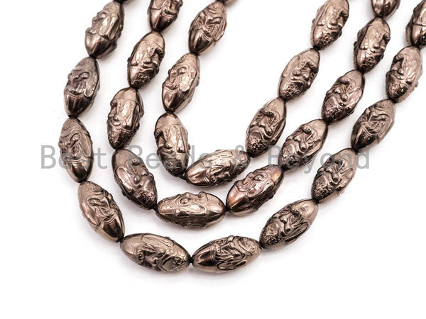 Natural Hematite Matt Brown Long Oval Shaped Beads,Old Man Head Carved, 8x16mm,8'' Full Strand, Sku#W68
