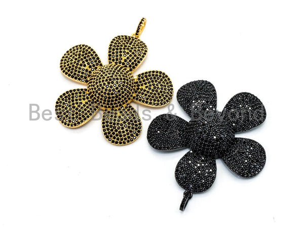 48x58mm CZ Micro Pave Large Daisy Flower Pendant, Black Cubic Zirconia Pave Mega Floral Pendant in Gold Black Finish,sku#F355