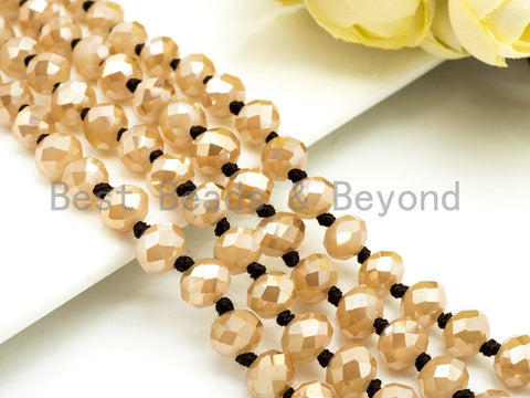 60" Extra Long Knotted Crystal Necklace, 8mm Gold Faceted Crystal Beads, Double Wrap, Champagne Color, 60 inch or 36inch strand, SKU#D3