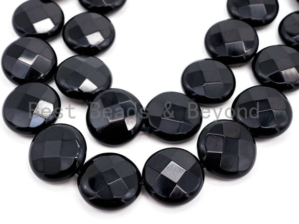 Quality Lentil/Coin Shaped Faceted Black Onyx Beads, 8mm 10mm 12mm 14mm 16mm 20mm Natural Gemstone Beads, 15.5" Full Strand, SKU#Q12