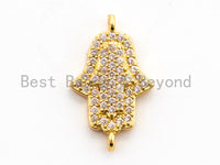 CZ Clear Micro Pave Hamsa Hand Connector, CZ Pave Jewelry Charm Findings, Bracelet Charm link findings, Gold/Rose gold 11x18mm,sku#A55