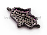 CZ Micro Pave Fuchsia Hamsa Hand Connector, Cubic Zirconia Space Connector in Gold Rose Gold,Silver,Black Color, 11x18mm, sku#A56