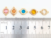 Round Bezel Connector with Faceted Cat's Eye Stone, Gold Plated CZ Micro Pave Frame Connector, Peach/Blue/Pink/White/Topaz, 9x13mm,sku#A73