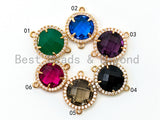 Round Bezel Cnnector with Faceted Glass, Gold Plated CZ Micro Pave Frame Connector, Green/Cobalt/Purple/Black/Smoke/Red, 14x19mm, sku#A76