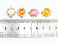 Round Bezel Connector with Cat's Eye Stone, Gold Plated CZ Micro Pave Frame Connector, Cat's Eye /Topaz /White/Rose pink 14x19mm, sku#A77