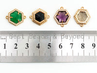 Hexagon Bezel Connector with Faceted Glass, Gold Plated CZ Micro Pave Frame Connector, Black/Green/Purple/Smoke, 14x18mm, sku#A78
