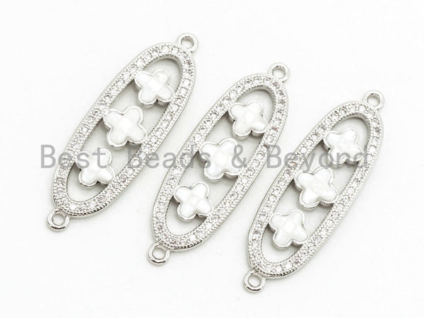 CZ Clear Micro Pave Four-leaf Beads On Oval Shaped Connector for Bracelet/Necklace, Cubic Zirconia Link Connector,10x32mm, 1pc, sku#Z35