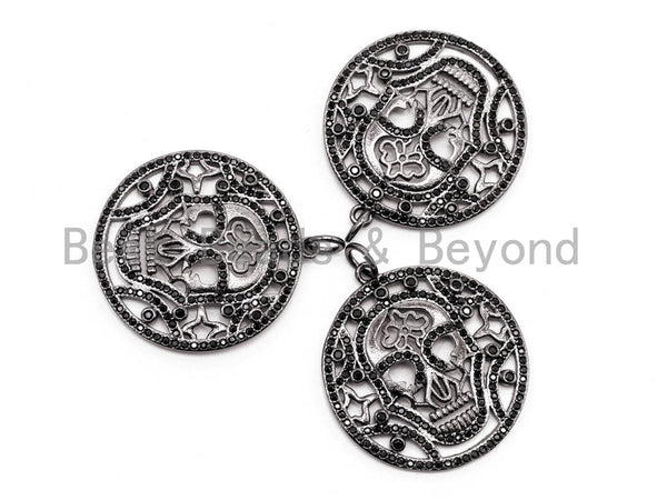 Black CZ Pave On Black Micro Pave Skull Round Pendant with bail, Cubic Zirconia Skull Pave Pendant Beads, Halloween Pave, 29x32mm, Sku#F368